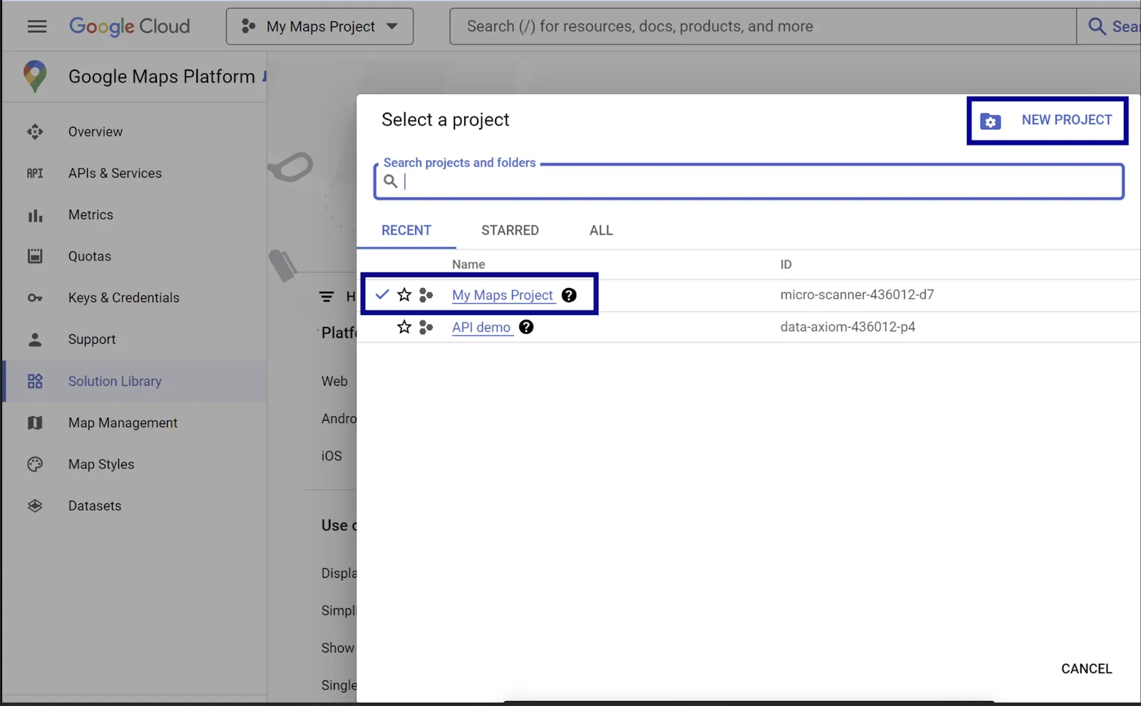 Create or Pick a Project on google maps
